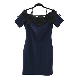 Belle Badgley Mischka Mini Dress 2 Navy Blue Lace Applique Cold Shoulder Sheath